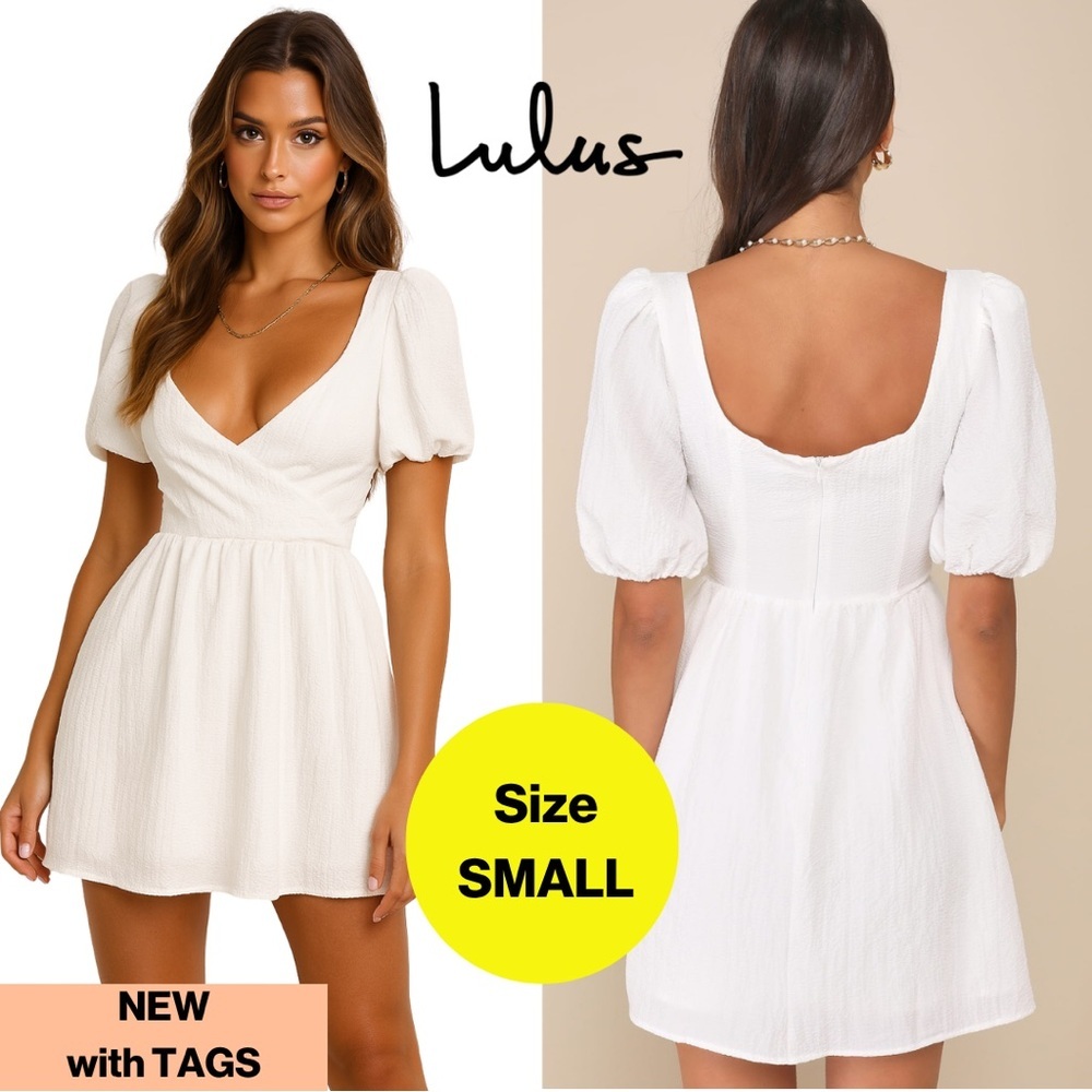 NEW w TAGS 🏷️ LULUS “Little Bit In Love” White Puff Sleeve Mini Dress (Small)